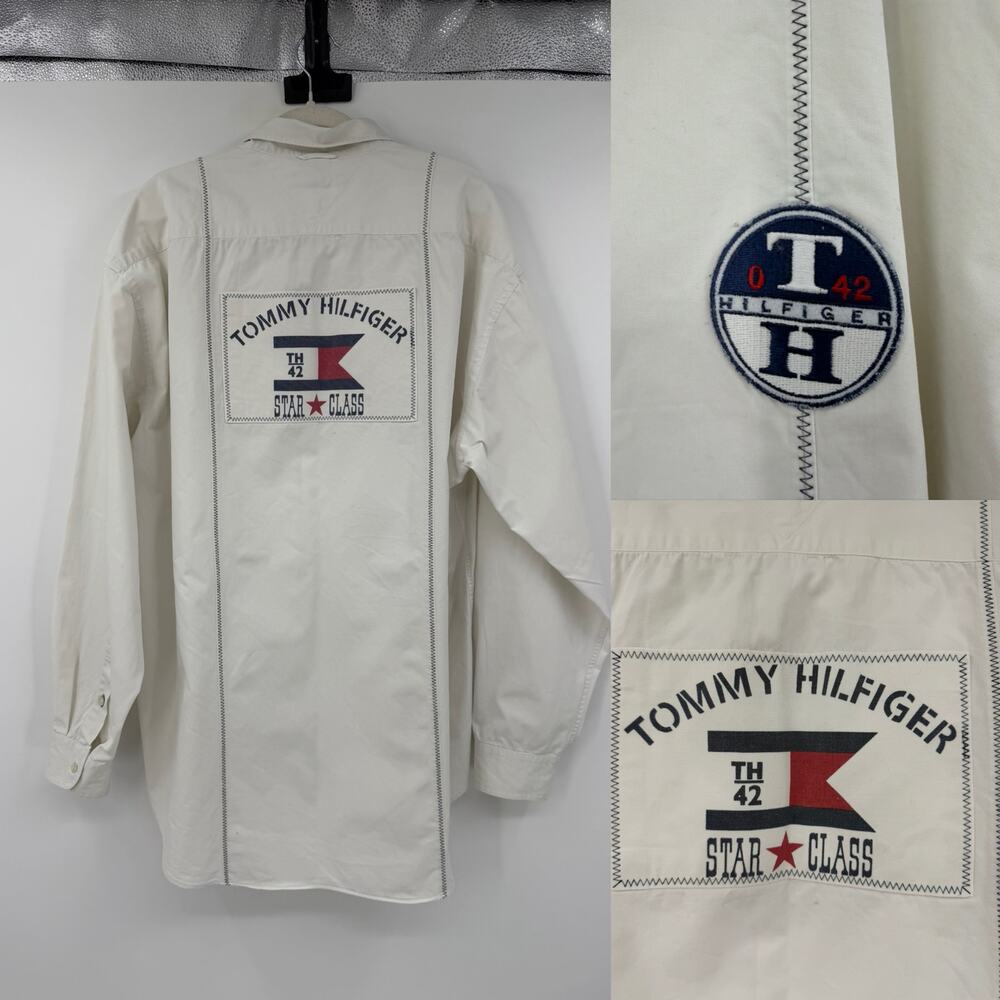 Vintage Tommy Hilfiger 42th Star Class Shirt 1990s Size XL White Patches Preppy